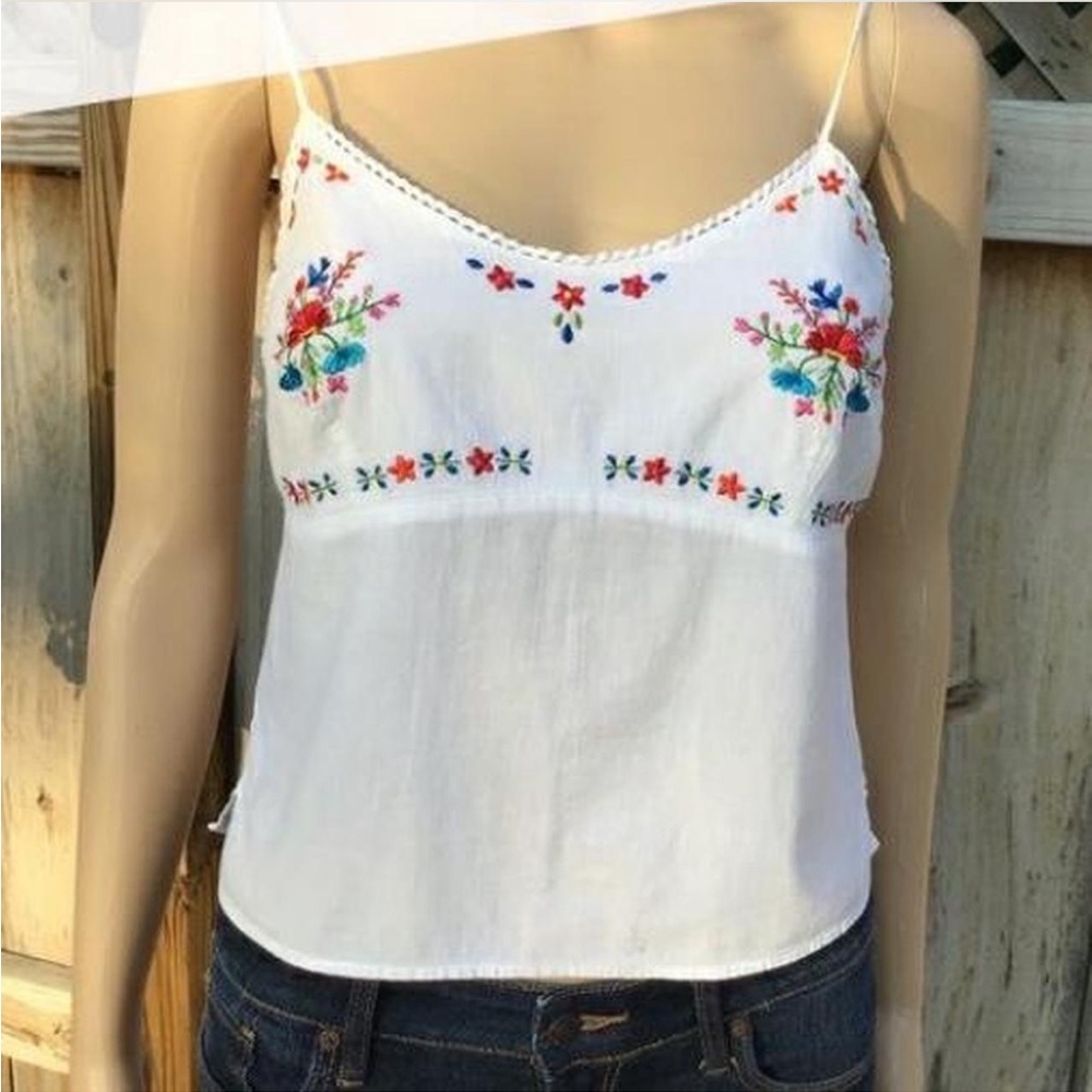 Abercrombie & Fitch Vintage Cotton Floral Embroidered White Tablecloth Tank L - Picture 2 of 7